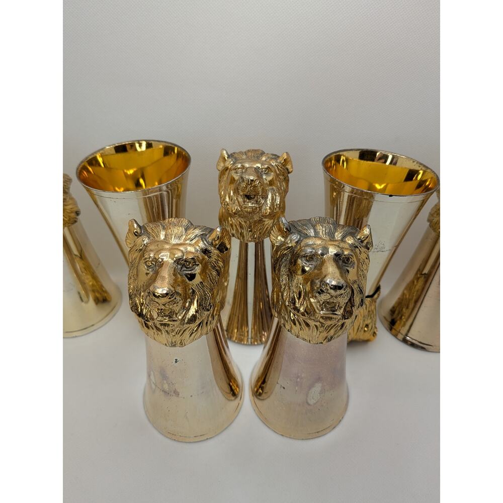 Carole Stupell Gold Lion Head Pitcher & 7 Stirrup Cups – Mid-Century Bar Set - Picture 9 of 16